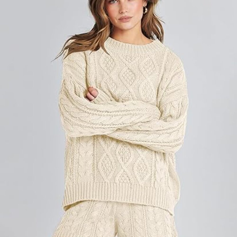 ANRABESS Women's Beige 2 Piece Cable Knit Pullover Sweater and Shorts Large - Picture 3 of 7